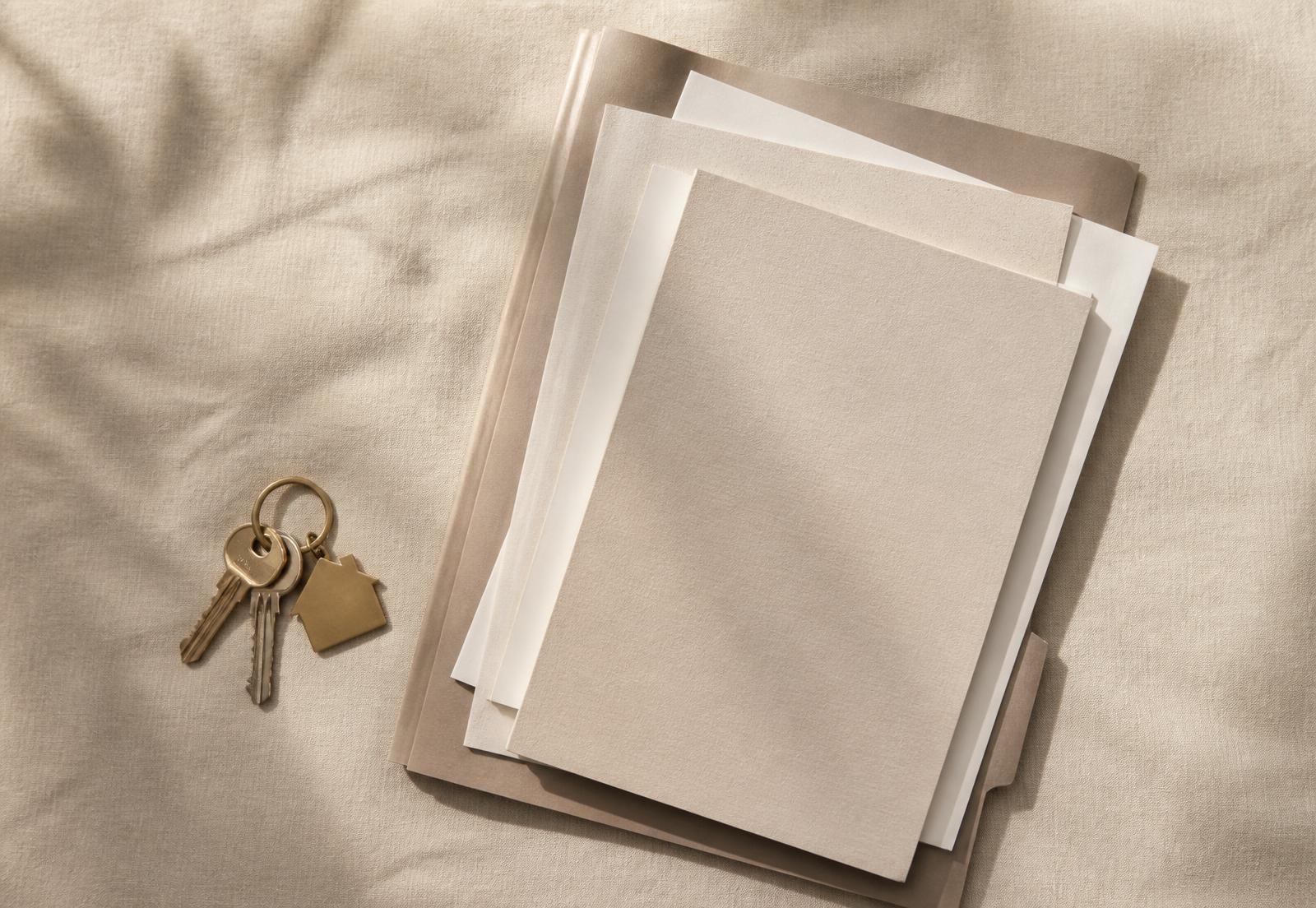 Llaves de vivienda y documentación sobre una superficie de lino